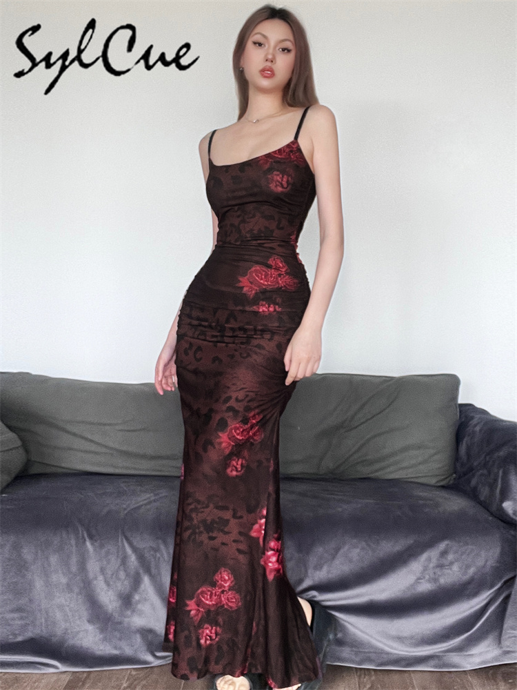 Aglaonema Red - Sylcue-vestido largo con tirantes para mujer,